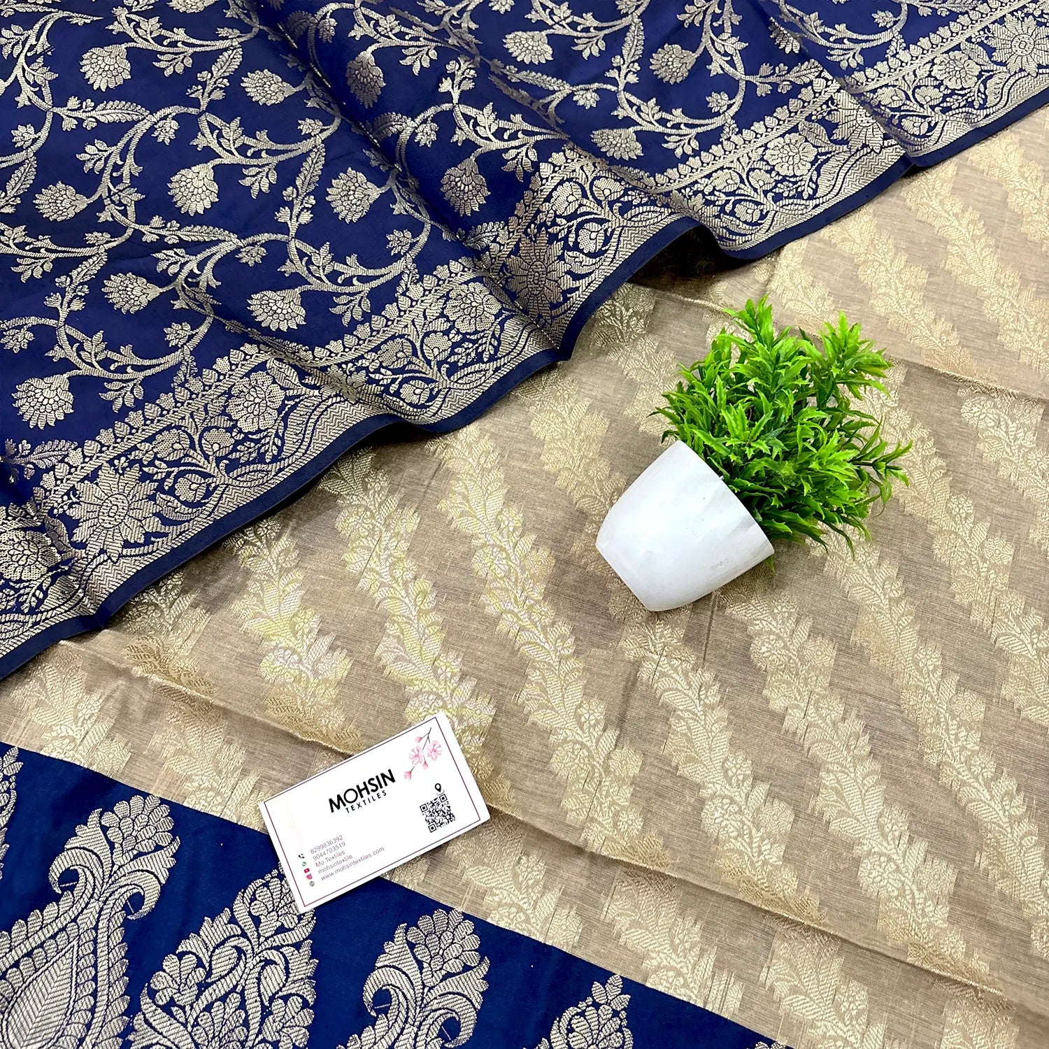 Beige and Navy Blue Kalgha Laheriya Banarasi Silk Suit