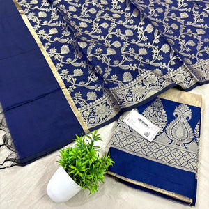 Beige and Navy Blue Kalgha Laheriya Banarasi Silk Suit