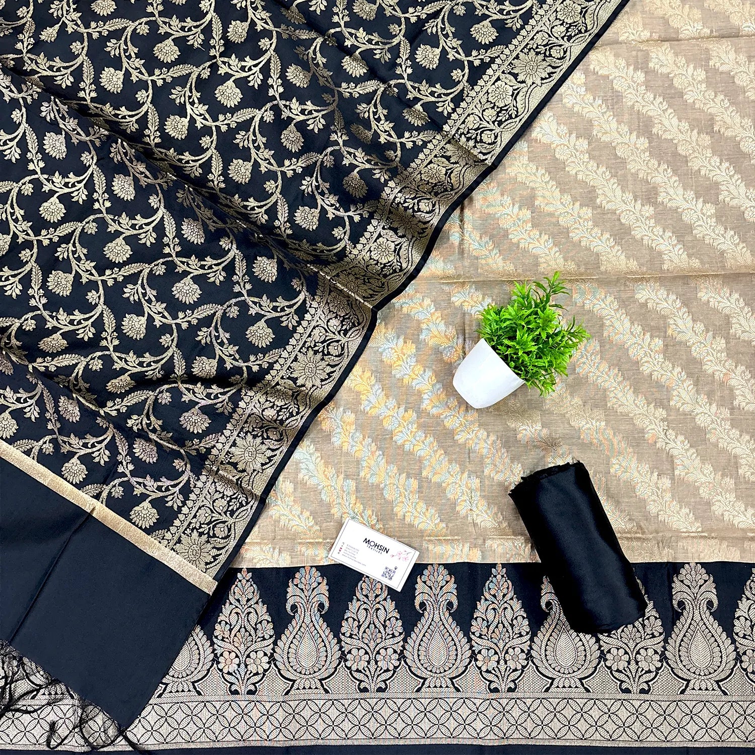 Beige and Black Kalgha Laheriya Banarasi Silk Suit