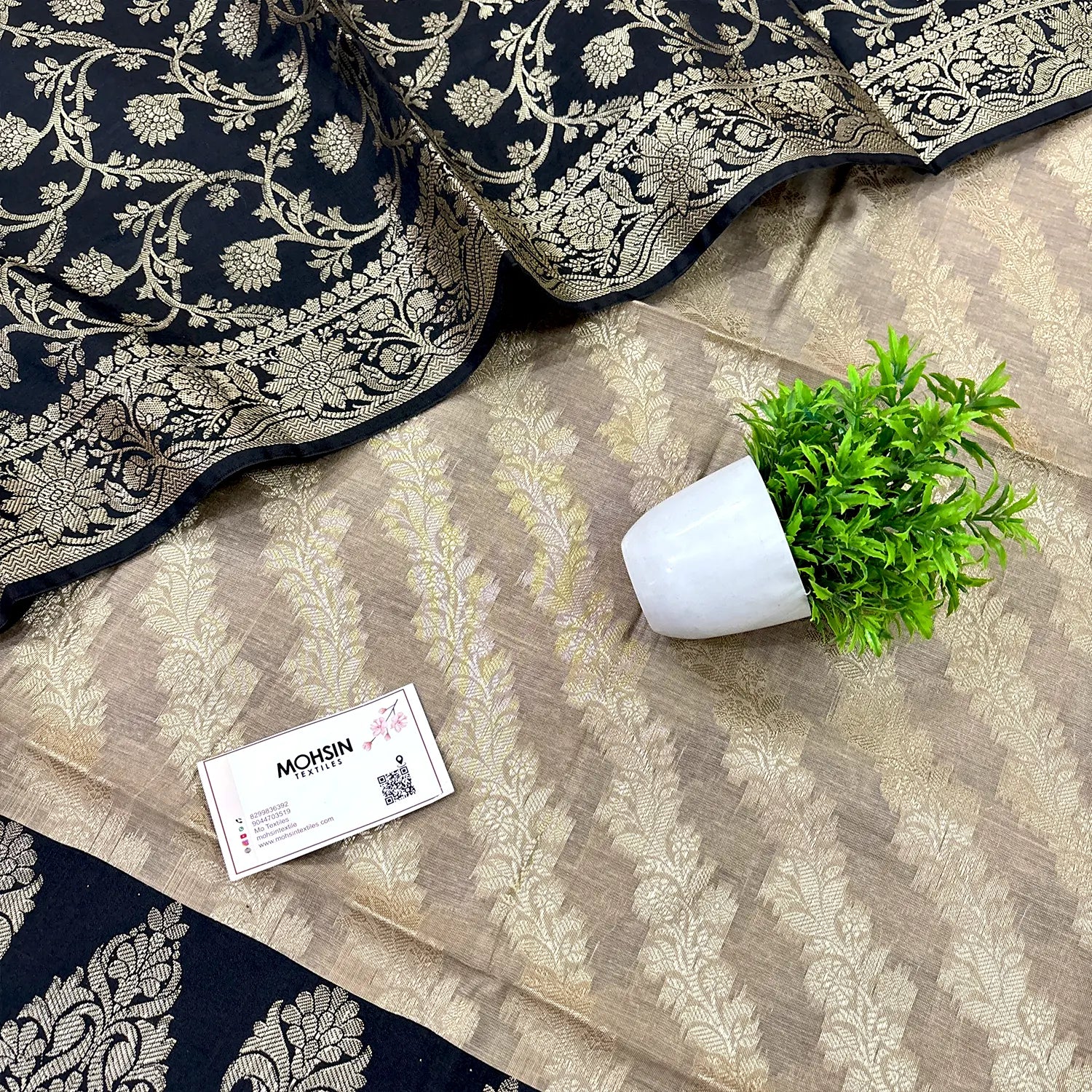 Beige and Black Kalgha Laheriya Banarasi Silk Suit