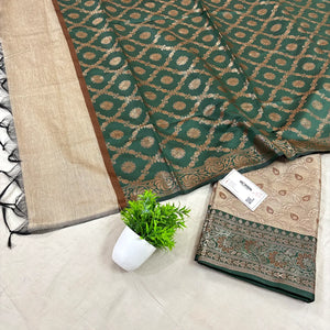 Beige and Bottle Green Patti Jaal Banarasi Silk Suit
