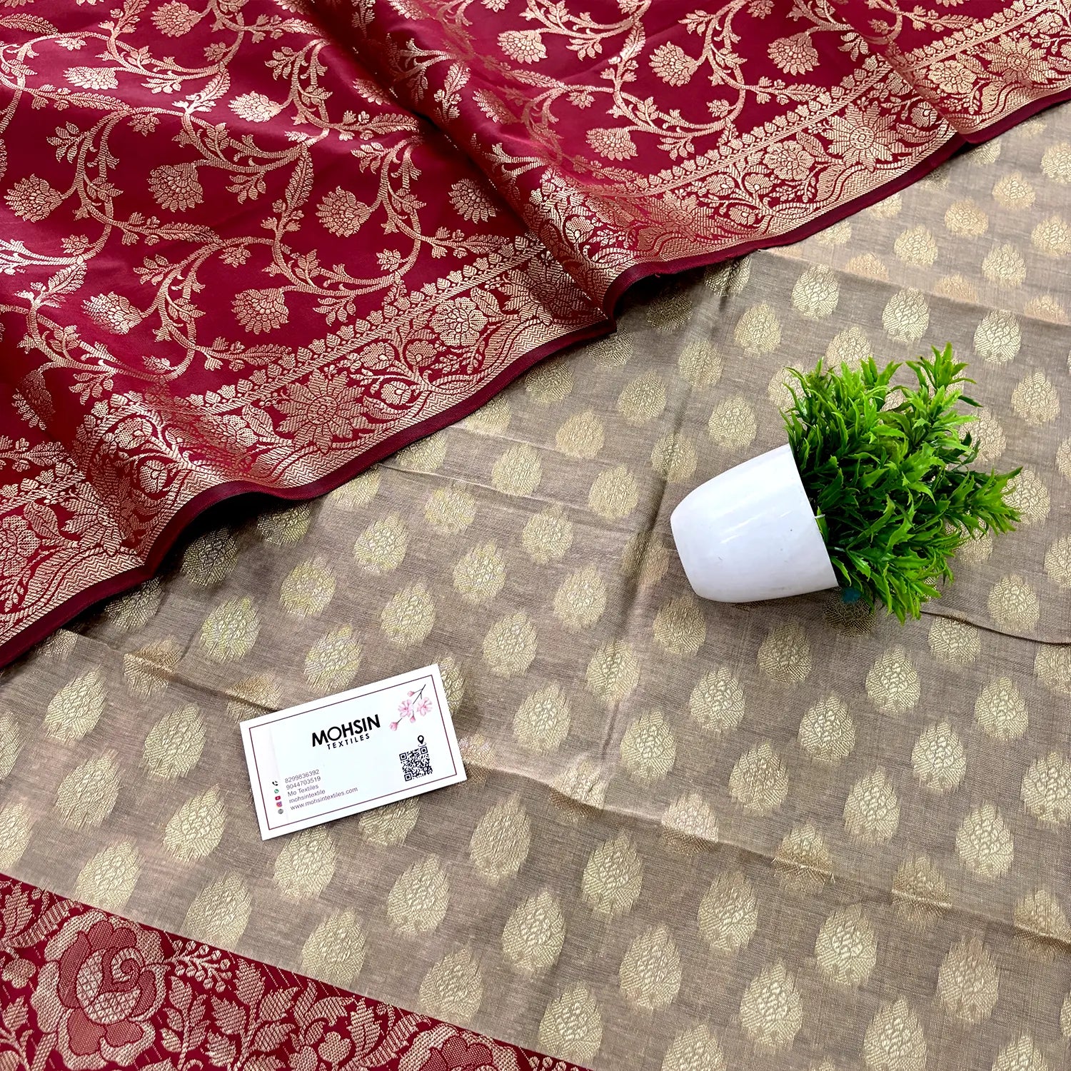 Beige and Maroon Gulkan Buti Satin Silk Banarasi Suit