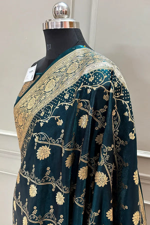 Bottle Green Bhawar Jaal Katan Silk Banarasi Saree