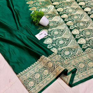Bottle Green Plain Golden Zari Katan Silk Banarasi Saree