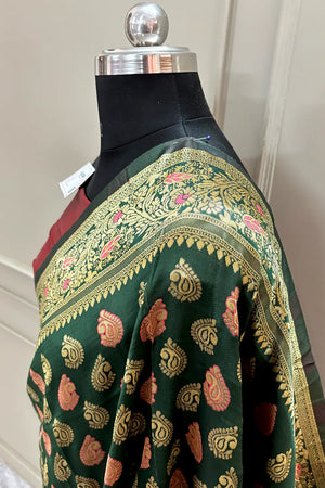 Bottle Green and Red Resham Zari Silky Banarasi Saree