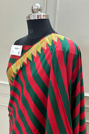 Red and Bottle Green Stripe Satin Banarasi Saree