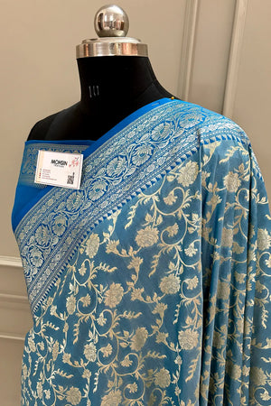 Firozi and Blue Gulabi Jaal Katan Silk Banarasi Saree