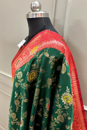 Green and Red Golden Zari Silky Banarasi Saree