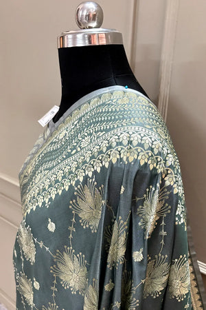 Grey Spider Jaal Katan Silk Banarasi Saree