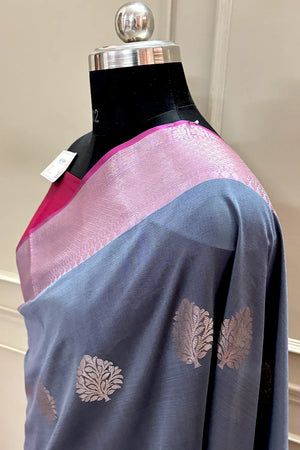 Grey and Pink Golden Zari Banarasi Silk Saree