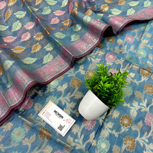 Greyish Firozi Sunheri Jaal Satin Silk Banarasi Suit