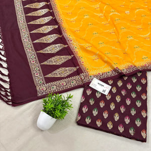Maroon and Yellow Golden Zari Katan Silk Banarasi Suit