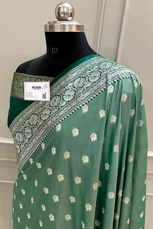 Mint and Bottle Green Ghonga Buti Katan Silk Banarasi Saree
