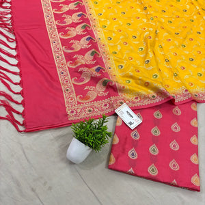 Peach and Yellow Golden Zari Katan Silk Banarasi Suit