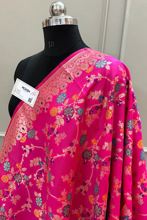 Pink Golden Zari Katan Silk Banarasi Dupatta