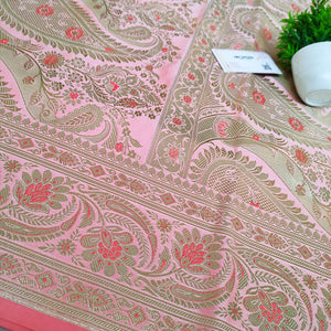 Pink With Meena Handloom Pure Katan Silk Banarasi Saree