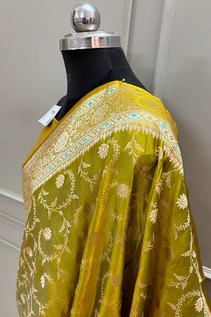 Pista Eragon Jaal Katan Silk Banarasi Saree