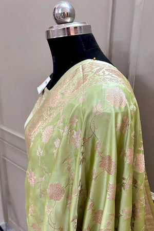 Pista Kesari Jaal Katan Silk Banarasi Saree