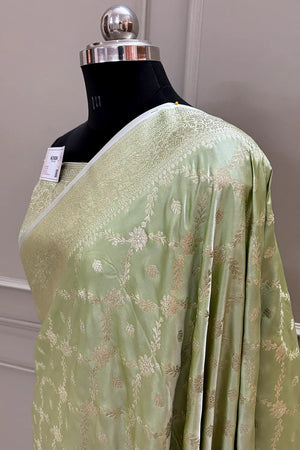 Pista Qaidi Buti Katan Silk Banarasi Saree