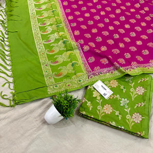 Pista and Pink Golden Zari Katan Silk Banarasi Saree