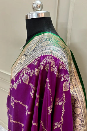 Purple and Green Golden Zari Katan Silk Banarasi Saree