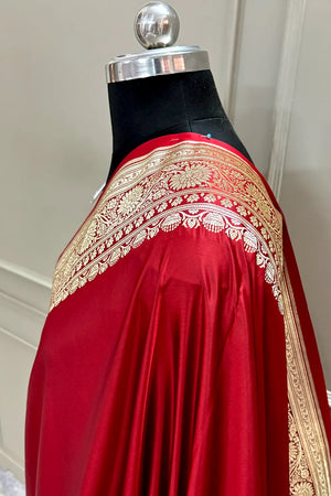 Red Plain Golden Zari Katan Silk Banarasi Saree