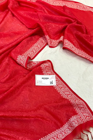 Red Resham Zari Silk Banarasi Stole