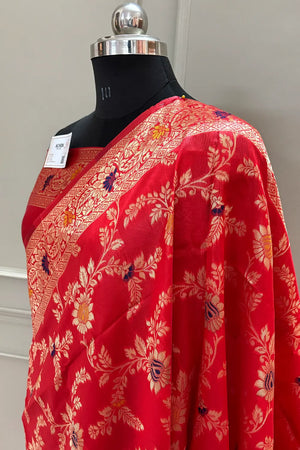 Red Resham Zari Silky Banarasi Saree