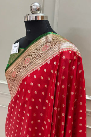 Red and Green Makkhi Buti Katan Silk Banarasi Saree