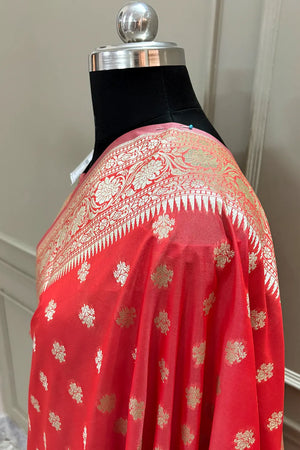 Strawberry Golden Zari Crepe Silk Banarasi Saree