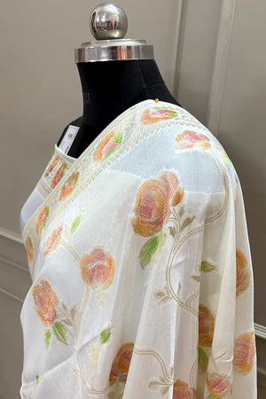 White Rosy Jaal Georgette Silk Banarasi Saree