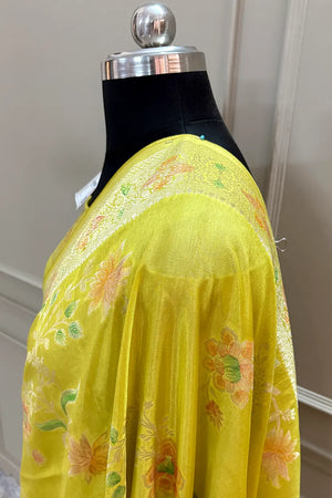 Yellow Shakahari Jaal Georgette Silk Banarasi Saree