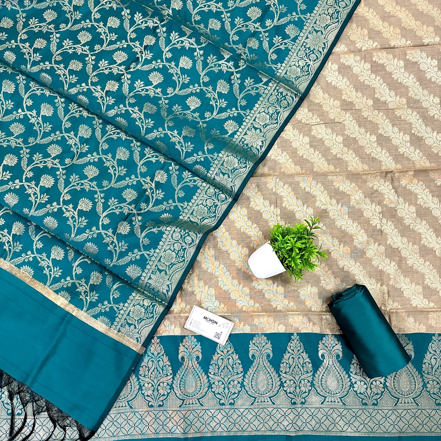 Beige and Teal Kalgha Laheriya Banarasi Silk Suit