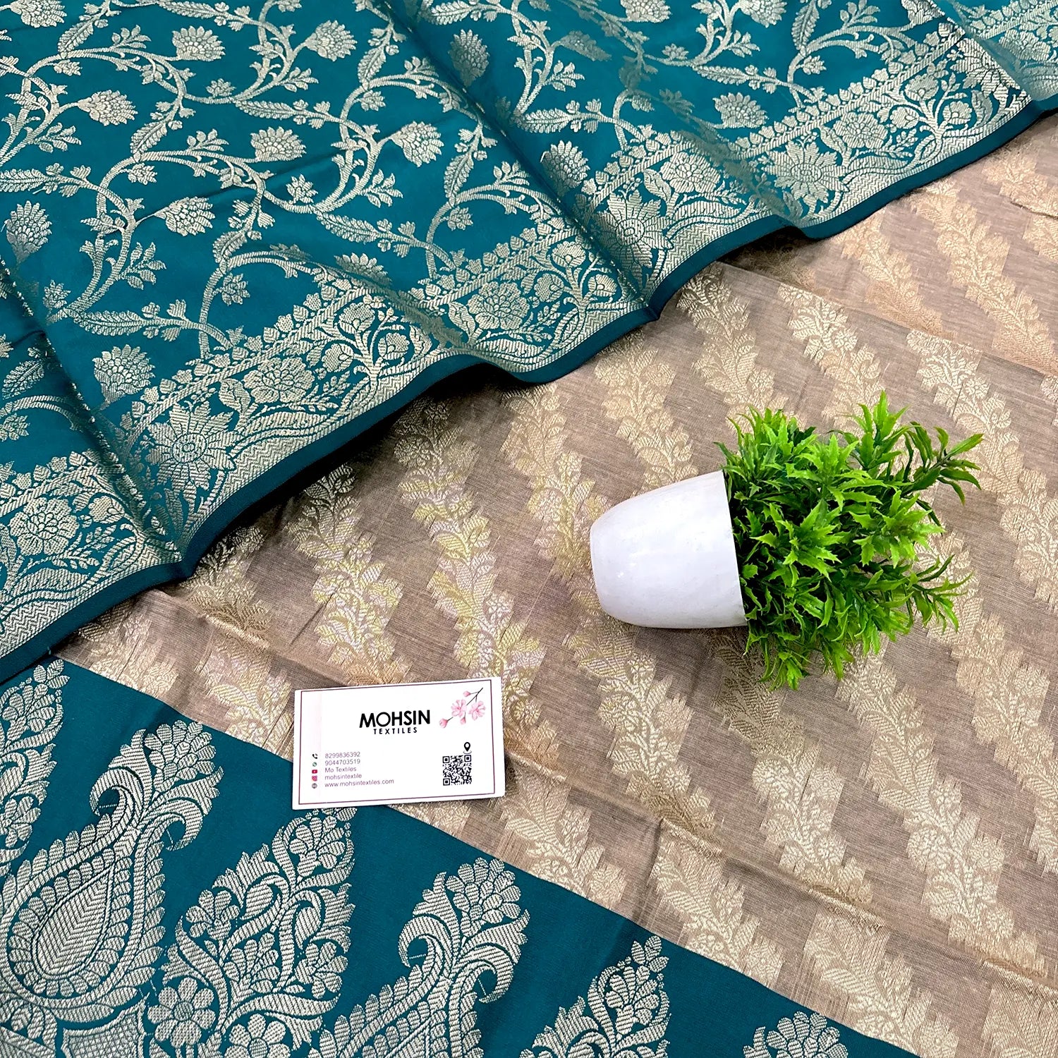 Beige and Teal Kalgha Laheriya Banarasi Silk Suit