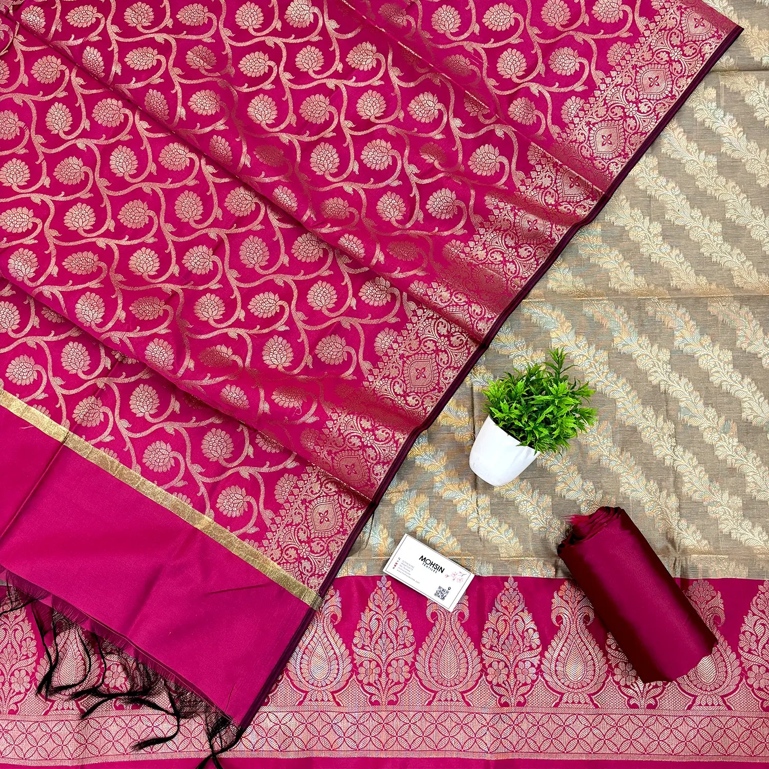 Beige and Pink Kalgha Laheriya Banarasi Silk Suit