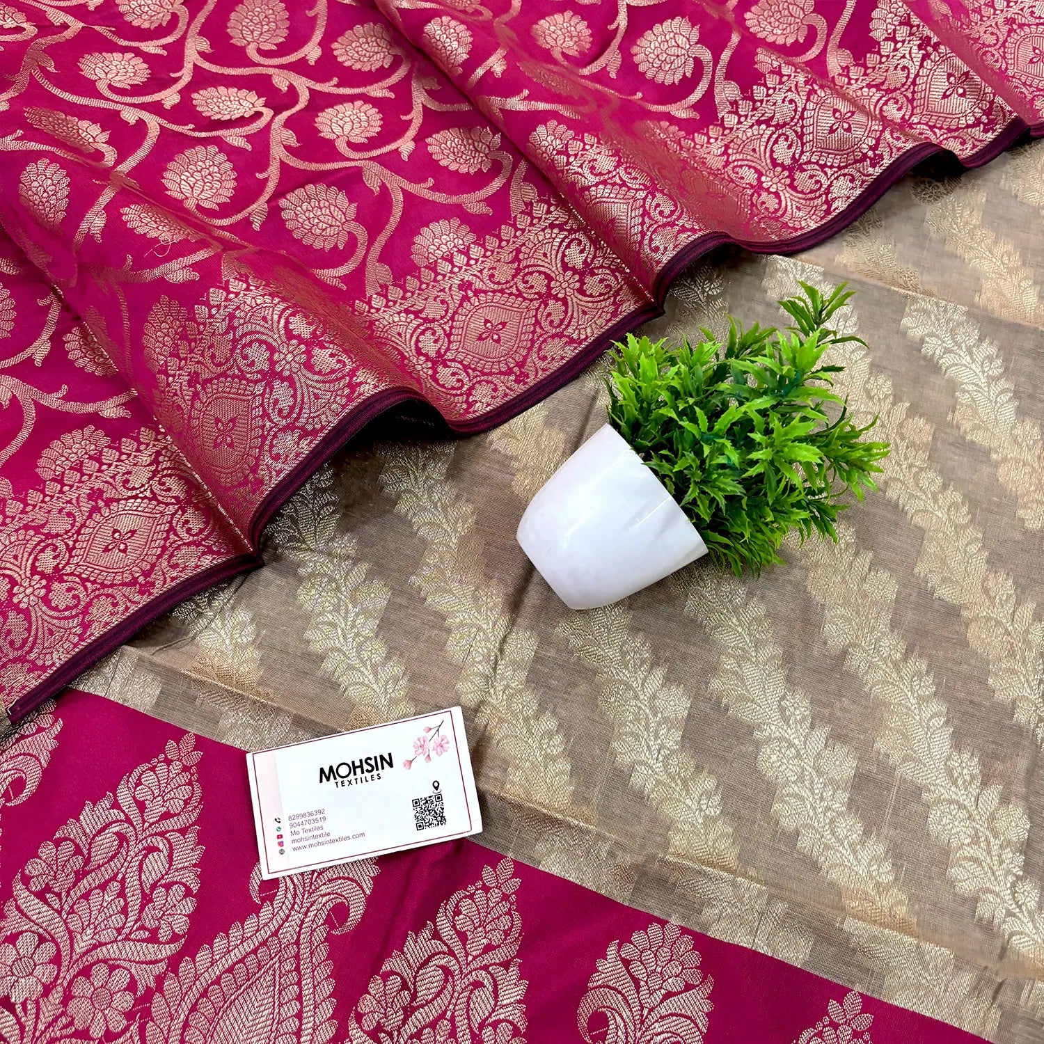 Beige and Pink Kalgha Laheriya Banarasi Silk Suit