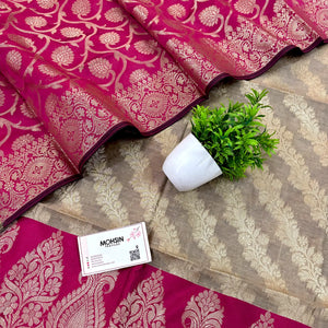 Beige and Pink Kalgha Laheriya Banarasi Silk Suit