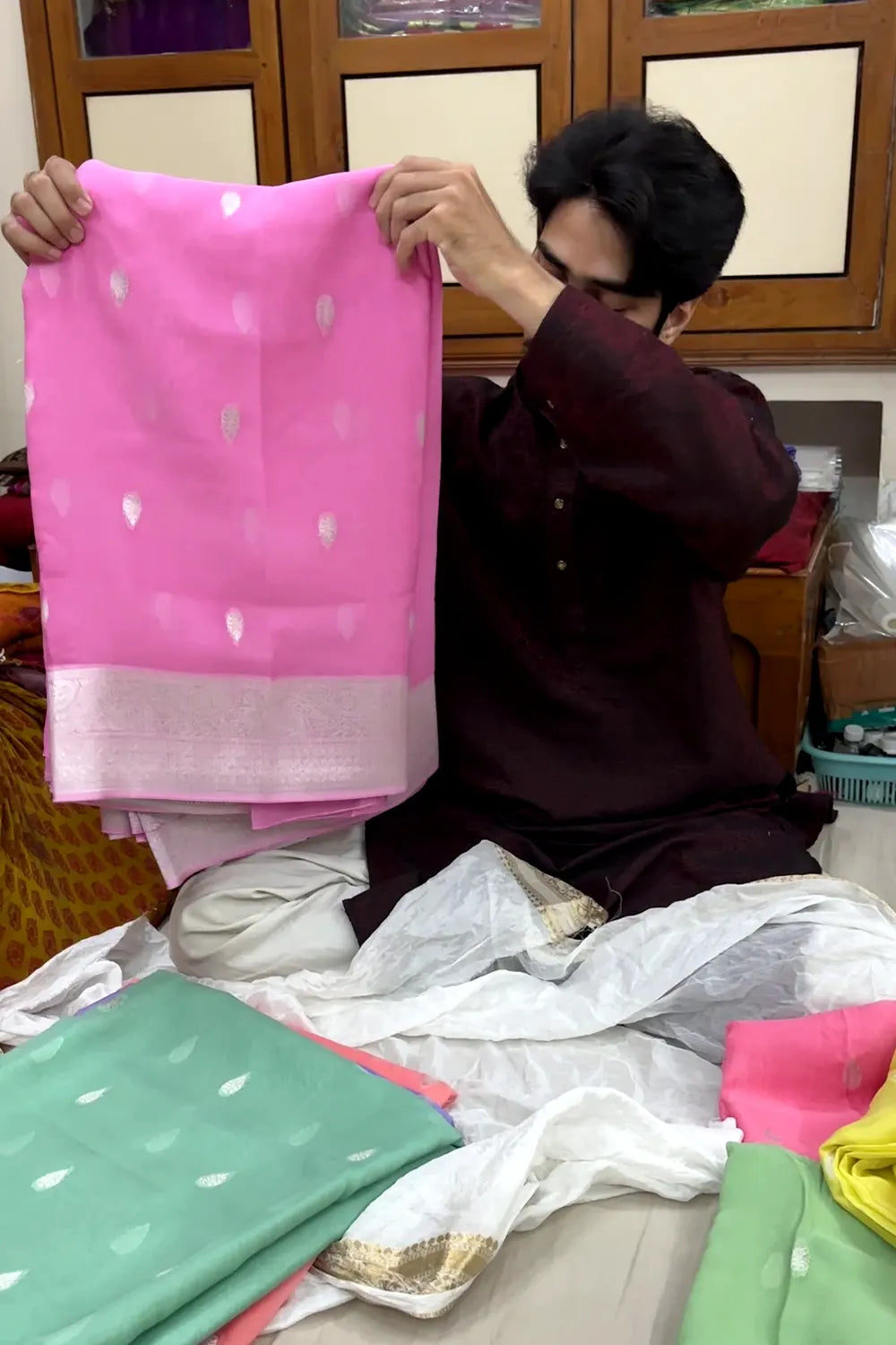 Baby Pink Rupa Buti Pure Viscose Georgette Silk Banarasi Saree