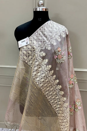 Baby Pink Embroidery Tissue Silk Banarasi Saree