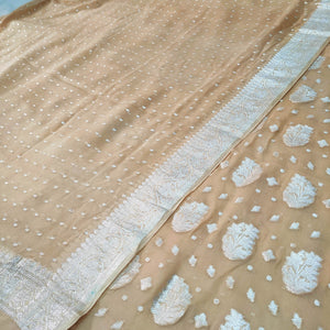 Beige Silver Zari Handloom Georgette Banarasi Suit