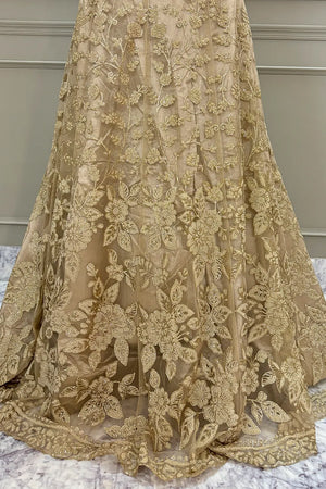 Beige Zariwork Semi Stitched Net Bridal Lahenga