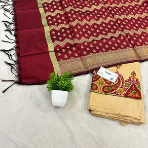 Beige and Maroon Embroidery Work Tussar Silk Salwar Suit