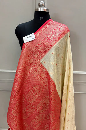 Beige and Red Golden Zari Linen Silk Banarasi Saree