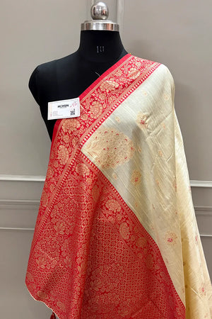 Beige and Red Golden Zari Linen Silk Banarasi Saree