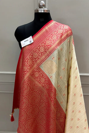 Beige and Red Golden Zari Linen Silk Banarasi Saree