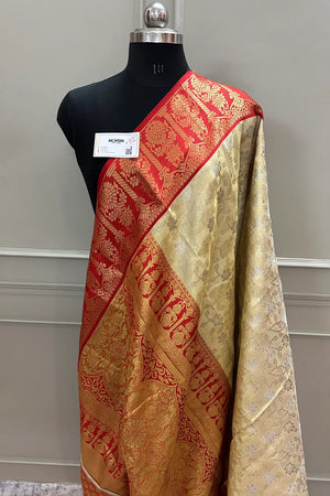 Beige and Red Golden Zari Tissue Silk Banarasi Saree
