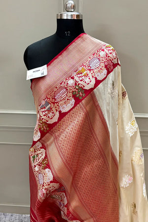 Beige and Red Handloom Pure Katan Silk Banarasi Saree