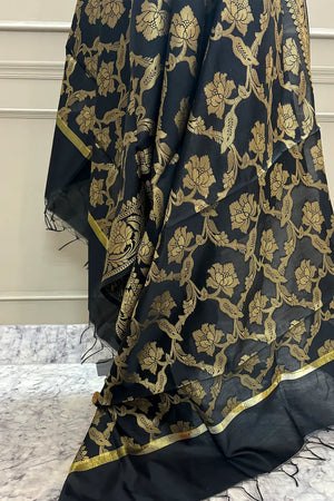 Black Golden Zari Satin Silk Banarasi Dupatta