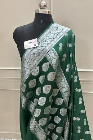 Bottle Green Golden Zari Georgette Silk Banarasi Saree