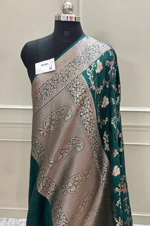 Bottle Green Golden Zari Silky Banarasi Saree